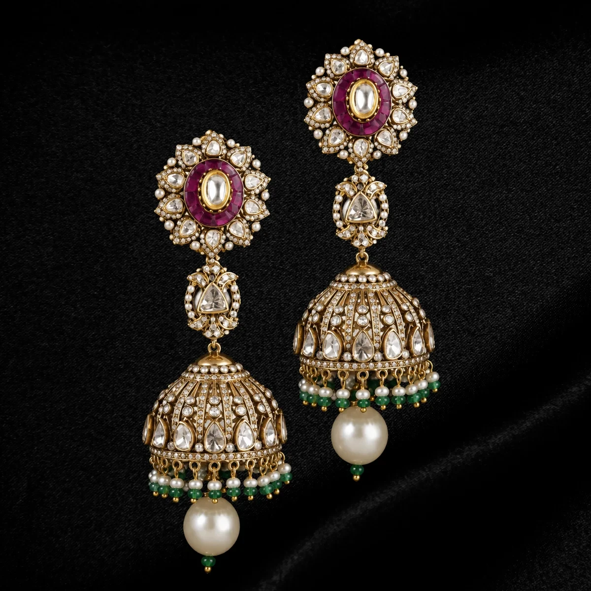 Ruby Polki Diamond Pearl Drop Jhumka Earrings