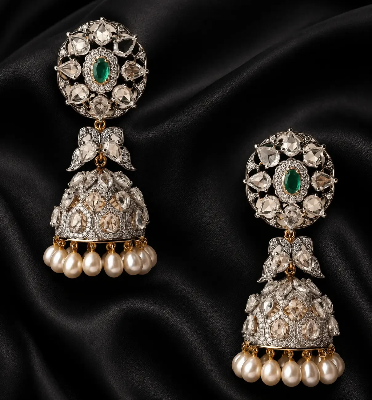 Polki Diamond Pearl Jhumka Earrings