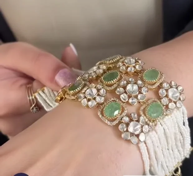 Emerald Pearl Diamond Polki Bracelet