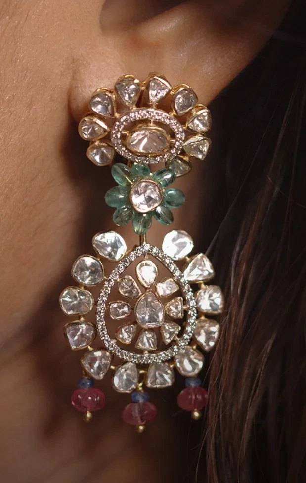 Floral Polki Earrings with Emeralds