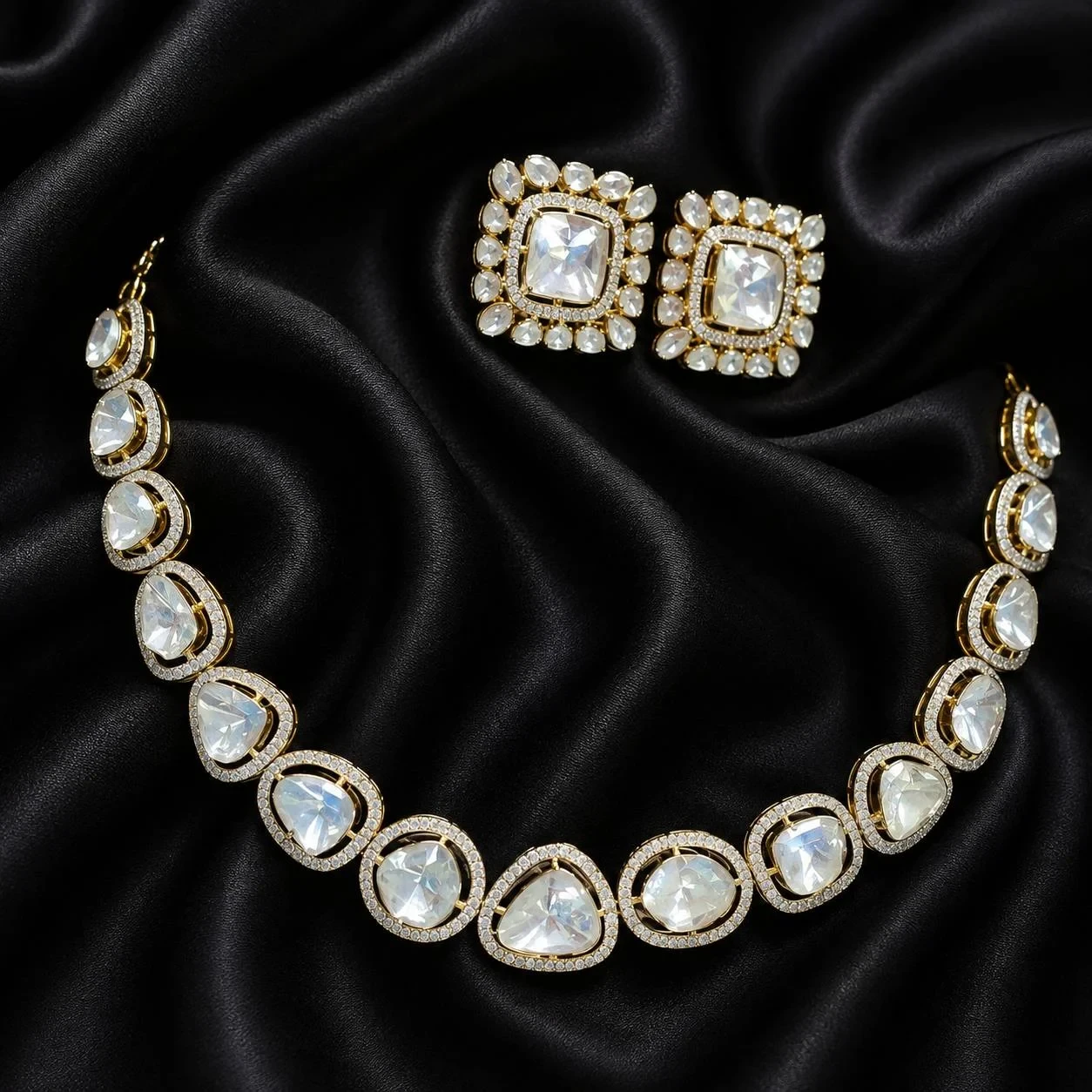 Celestial Halo Polki Necklace with Stud Earrings