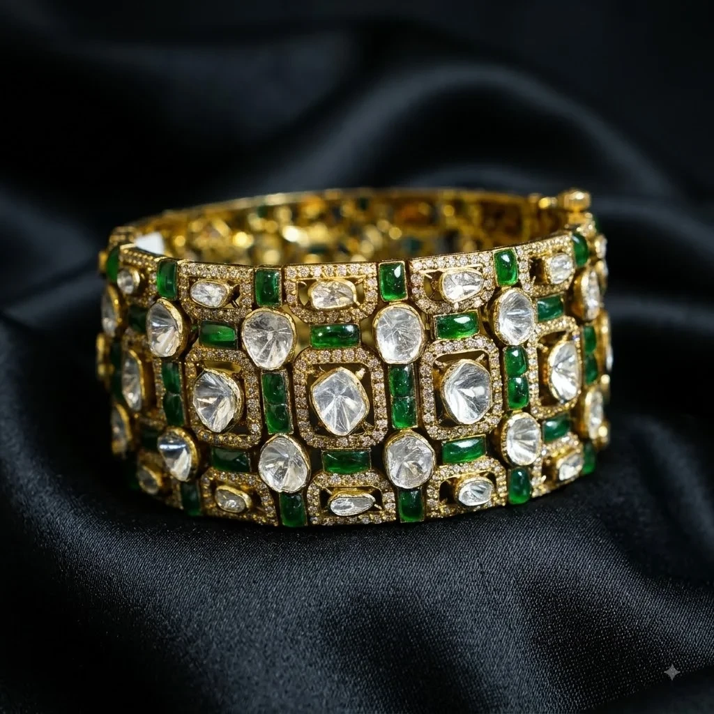 Traditional Polki Emerald Diamond Bangles