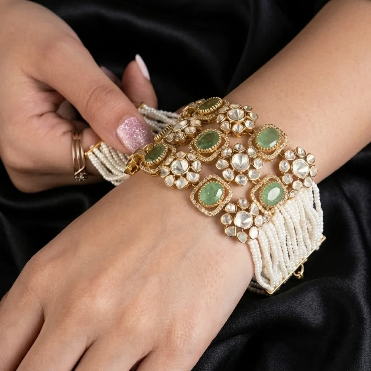 Emerald Pearl Diamond Polki Bracelet