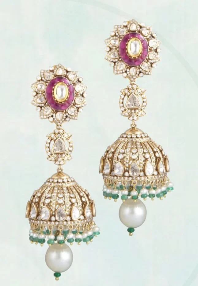 Ruby Polki Diamond Pearl Drop Jhumka Earrings