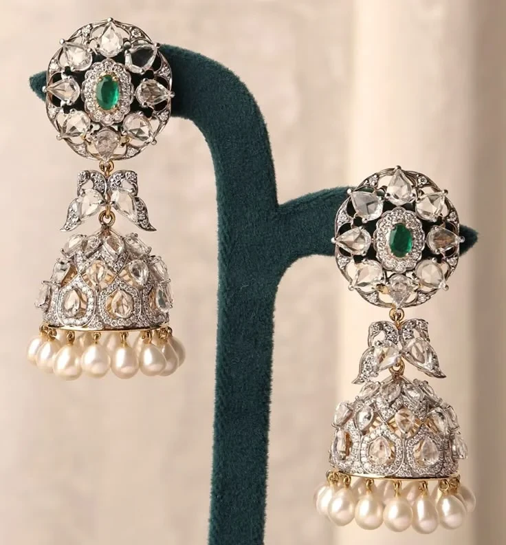 Polki Diamond Pearl Jhumka Earrings