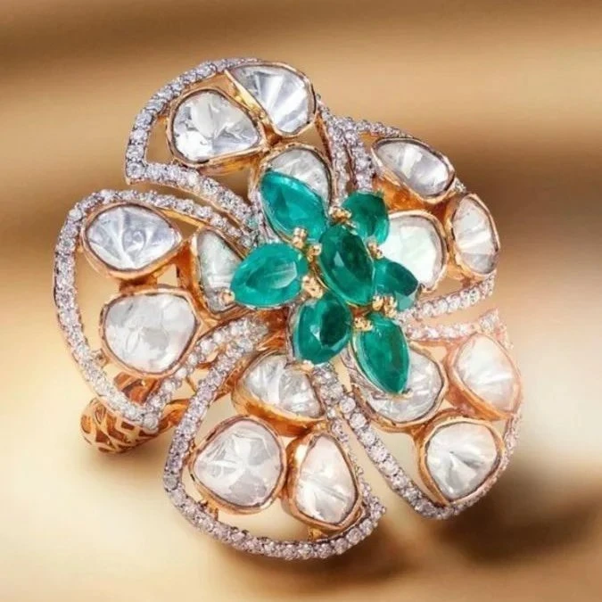 Luxury Green Stone Polki Designer Ring