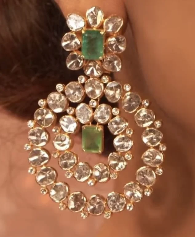 Elegant Polki Diamond Earrings with Emerald
