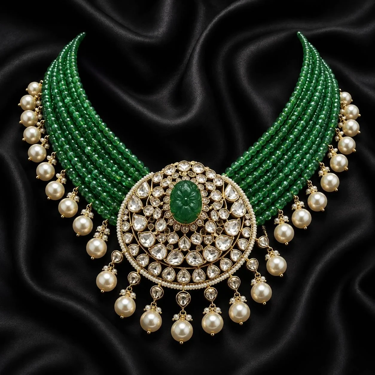 Emerald Green Beaded Polki Necklace
