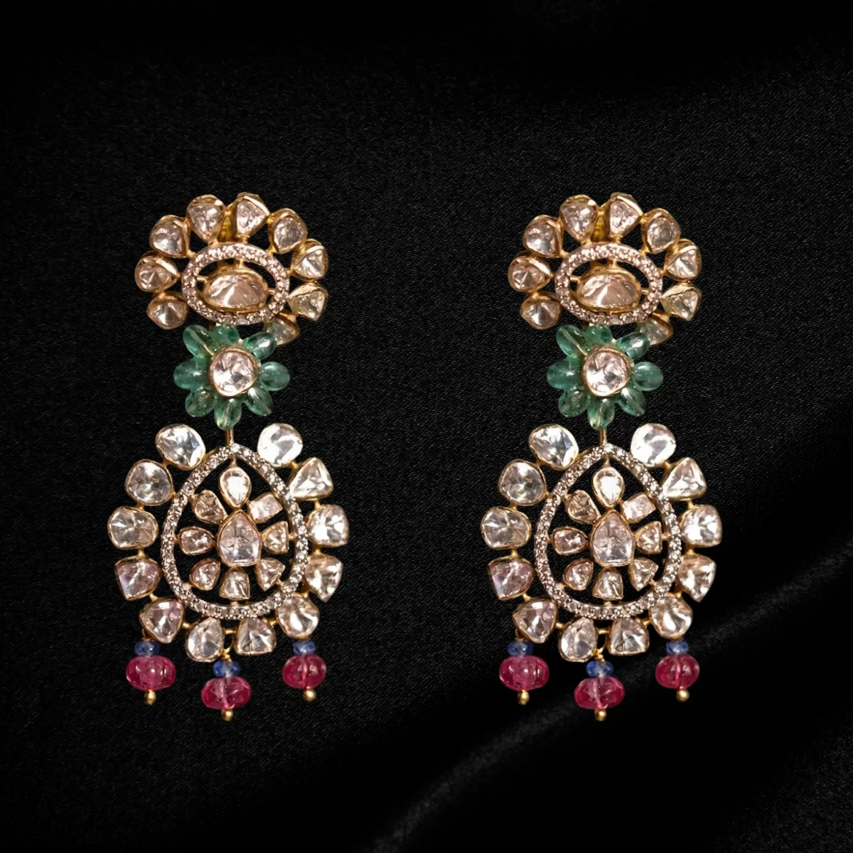 Floral Polki Earrings with Emeralds